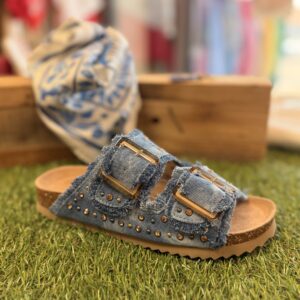 mule en jean bleu femme à doubles brides