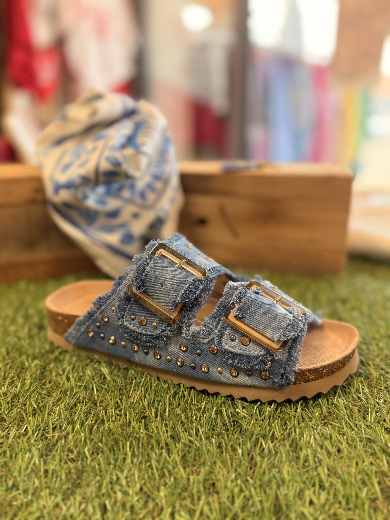 mule en jean bleu femme à doubles brides