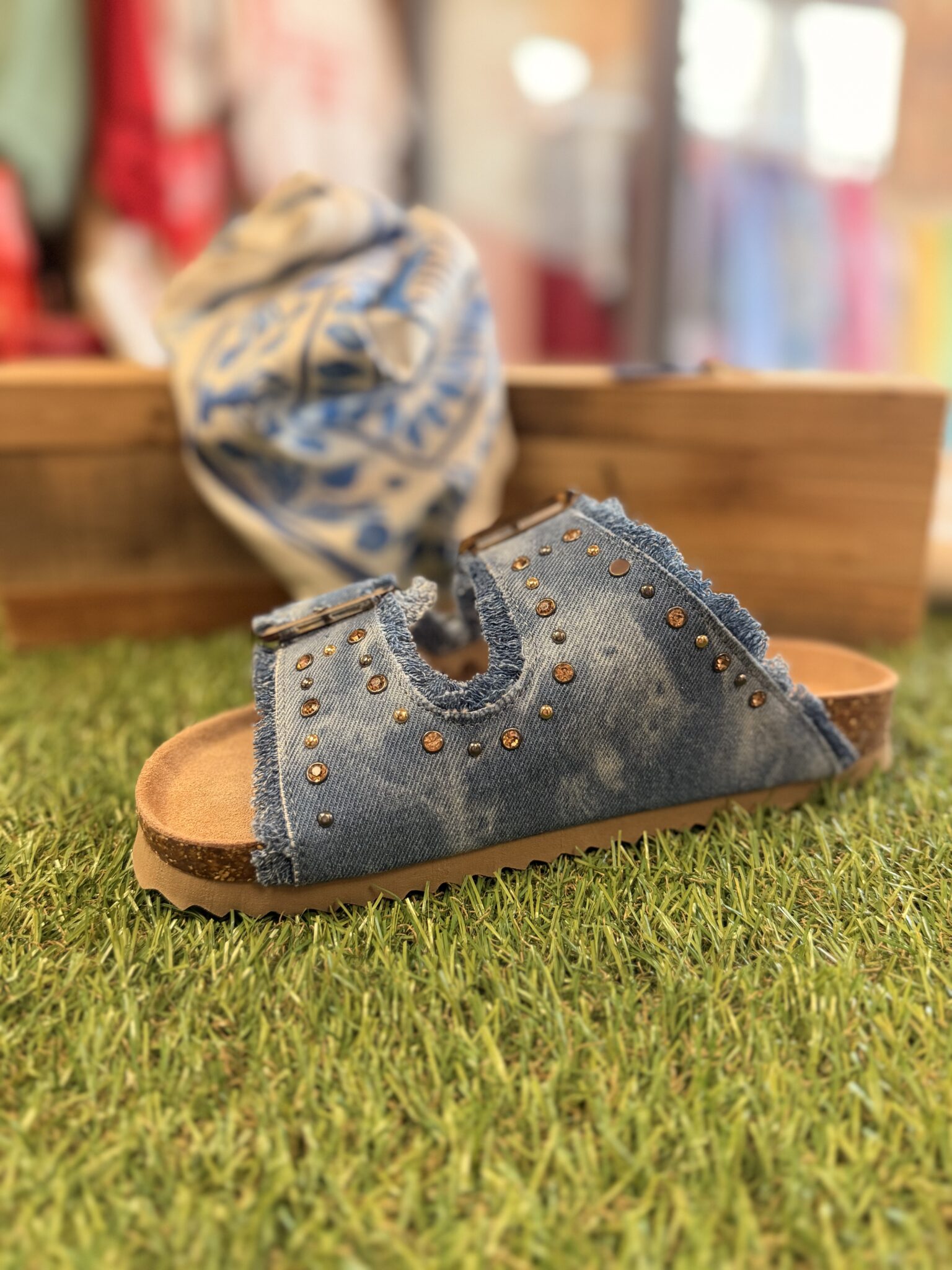 mule femme en jean bleu à doubles brides
