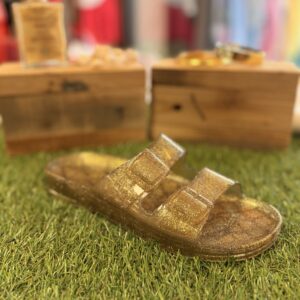 sandale pour femme à paillette dorée à doubles brides